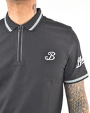 Mens Half Zip Polo with Chest Logo Printed Combed Compact Cotton -Black